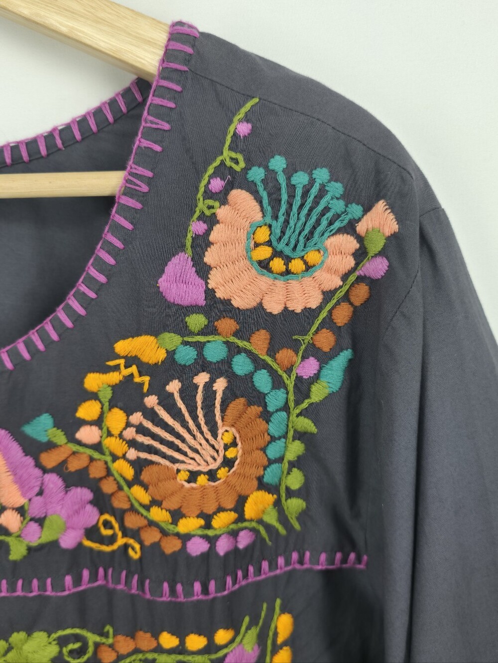 Sister Mary Embroidered Cotton Tunic Dress Large Gray Boho Folk Floral Artisan - Picture 4 of 16